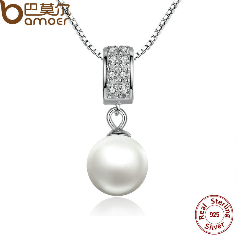 BAMOER 925 Sterling Silver Simulated Pearl Pendant Necklace Long Chain Necklace Jewelry Wedding Necklace Accessories SCN030