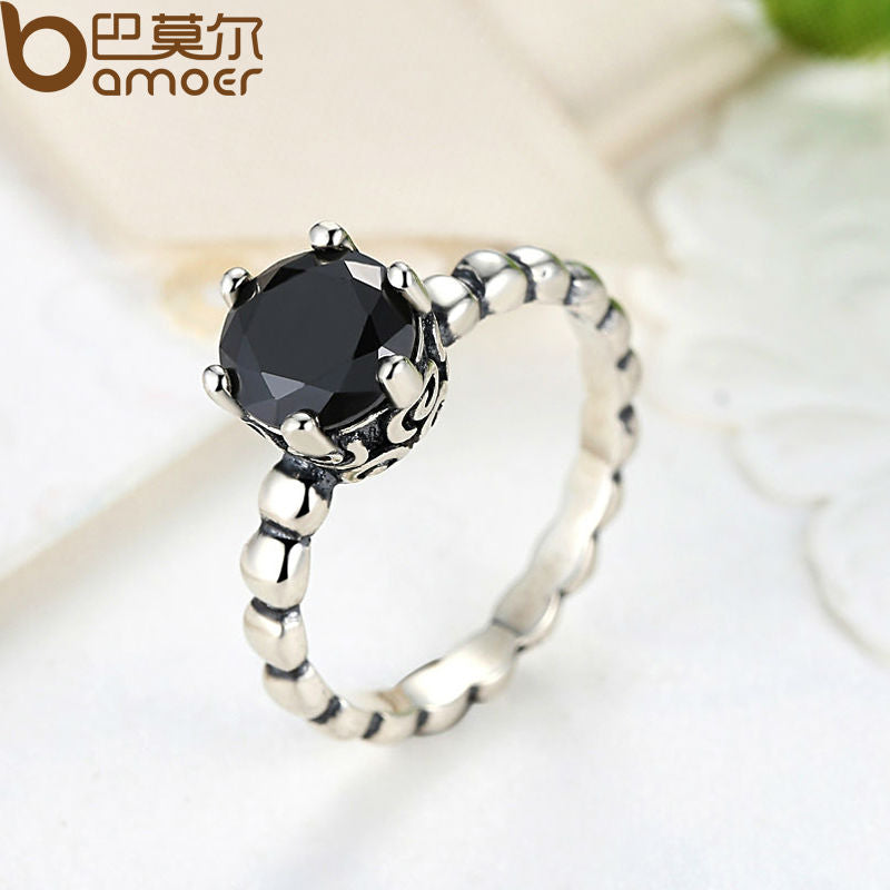 BAMOER Silver Color Finger Ring with Black Cubic Zirconia For Women Fashion Wedding Jewelry PA7205