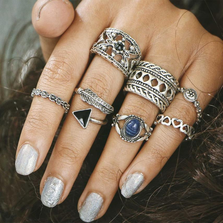 7pcs/Set Joint ring set Women Bohemian Vintage Silver Stack Rings Above Knuckle Blue Rings Set #45