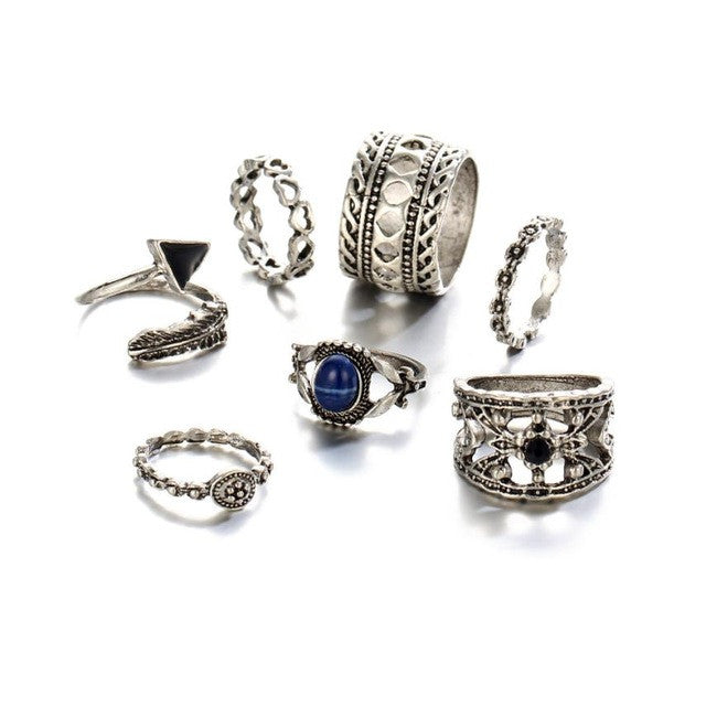 7pcs/Set Joint ring set Women Bohemian Vintage Silver Stack Rings Above Knuckle Blue Rings Set #45