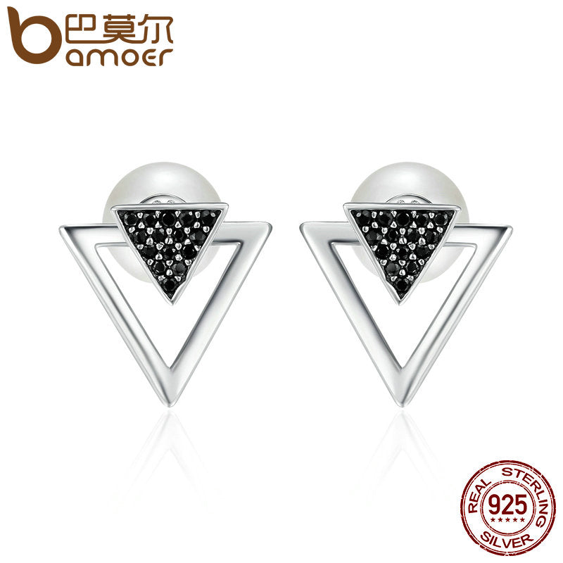 BAMOER 100% 925 Sterling Silver Double Triangle & Imitation Pearl Stud Earrings for Women, Clear CZ Luxury Jewelry Bijoux SCE151