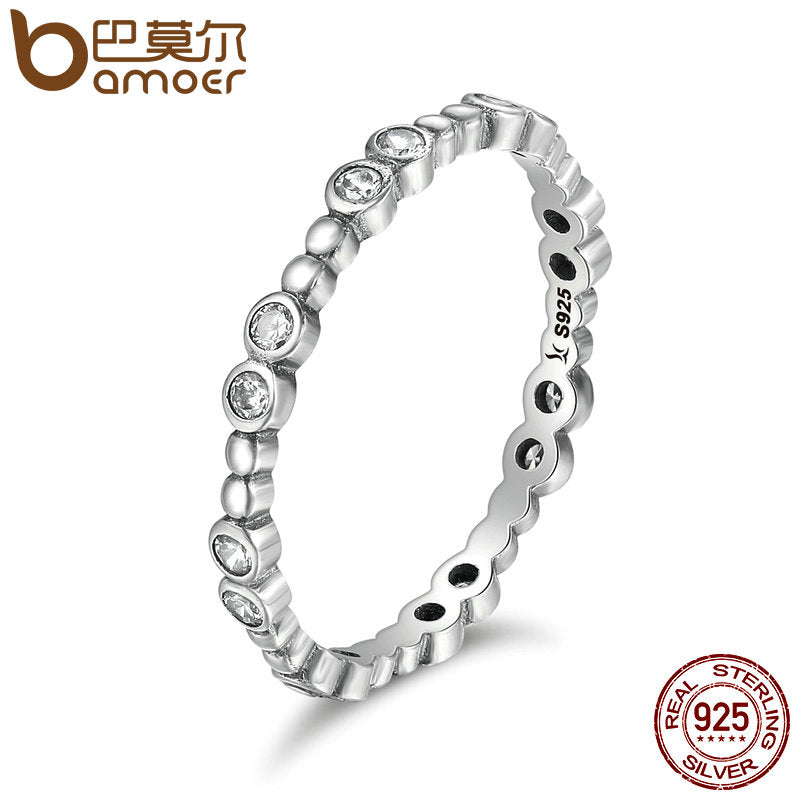 BAMOER Classical Genuine 925 Sterling Silver Round Geometric Sparking CZ Finger Rings for Women Sterling Silver Jewelry SCR102