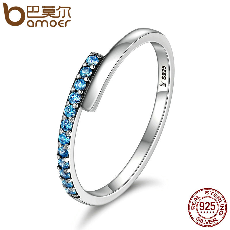 BAMOER Genuine 100% 925 Sterling Silver Geometric Melody Blue Sparking CZ Finger Rings for Women Sterling Silver Jewelry SCR099