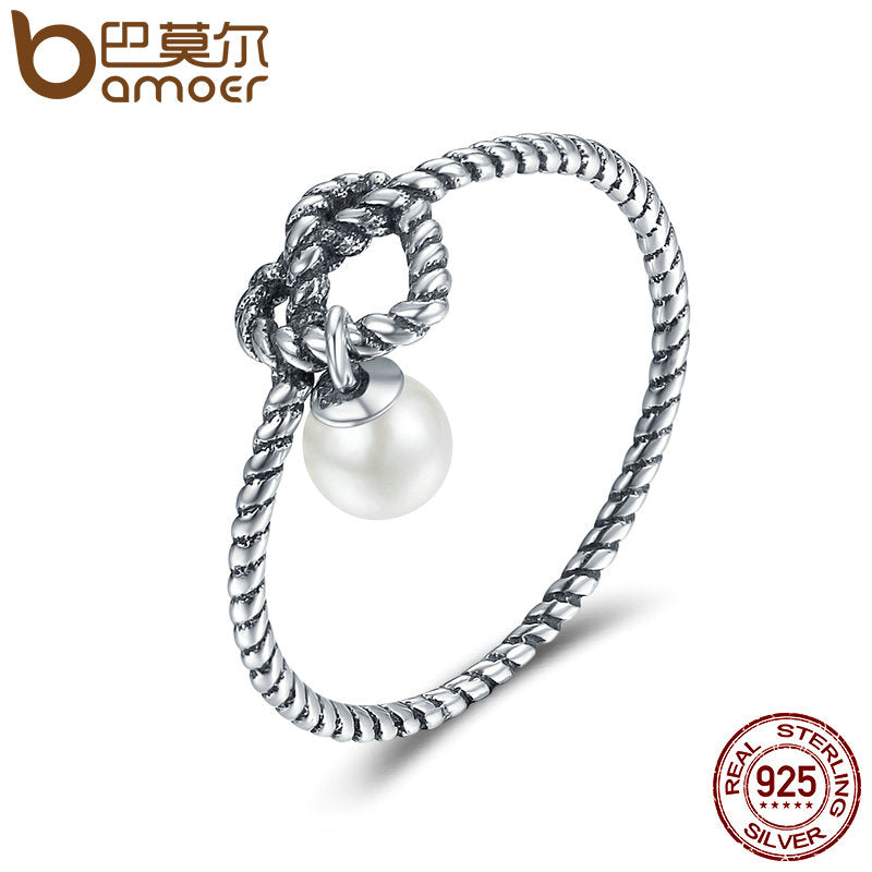 BAMOER Genuine 925 Sterling Silver Twisted Heart with Simulated Pearl Finger Rings for Women Authentic Silver Jewelry SCR163