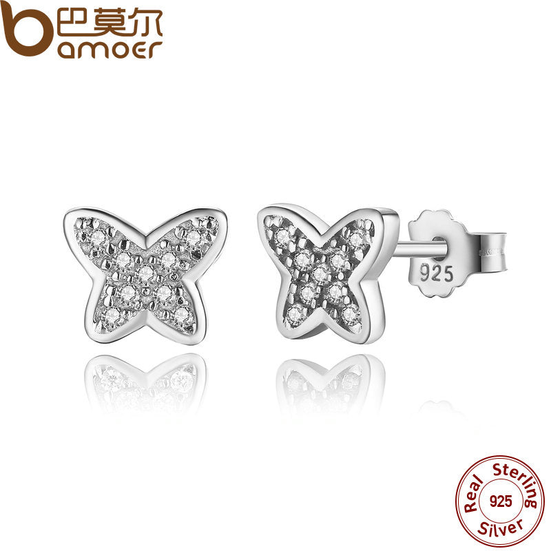 BAMOER 925 Sterling Silver Petite Butterfly Stud Earrings, Clear CZ Female Earrings for Women Wedding Fine Jewelry PAS439