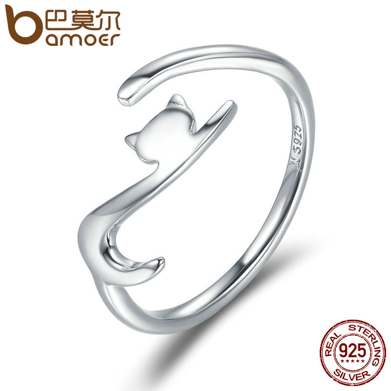 BAMOER 100% 925 Sterling Silver Sticky Cat with Long Tail Finger Ring Women Ring Adjustable Engagement Ring Jewelry SCR220