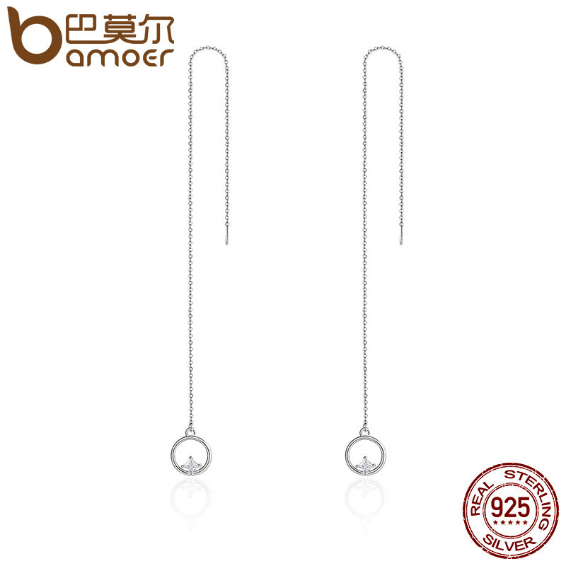 BAMOER Luxury 925 Sterling Silver Geometric Long Tassel Circle AAA Zircon Drop Earrings for Women Sterling Silver Jewelry SCE080