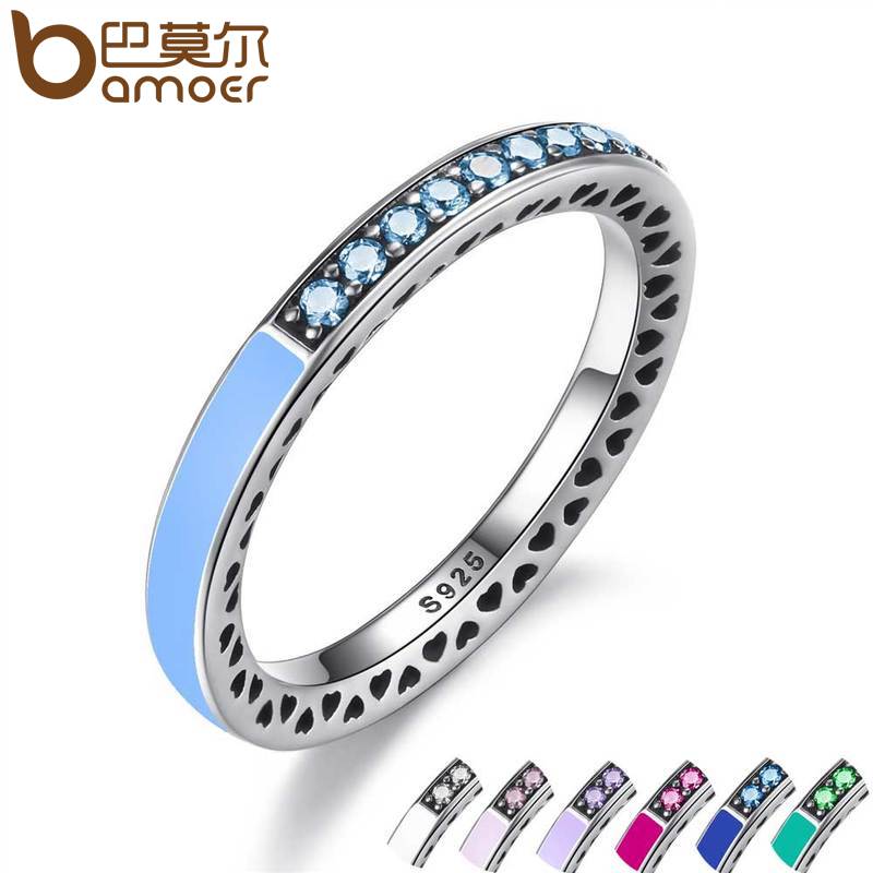 BAMOER 925 Sterling Engagement Silver Radiant Hearts Ring Air Blue Enamel & Sky Blue Synthetic Spinel Women Ring Jewelry PA7620