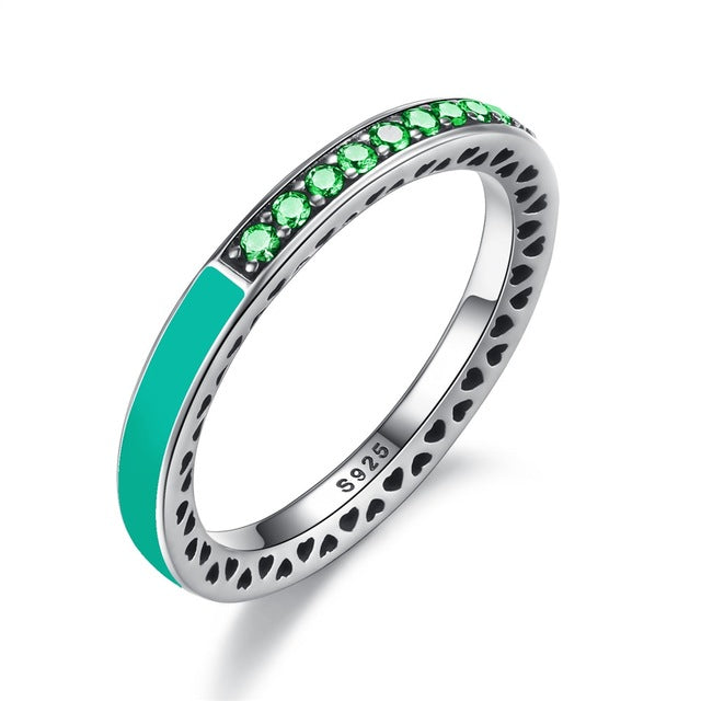 BAMOER 925 Sterling Engagement Silver Radiant Hearts Ring Air Blue Enamel & Sky Blue Synthetic Spinel Women Ring Jewelry PA7620