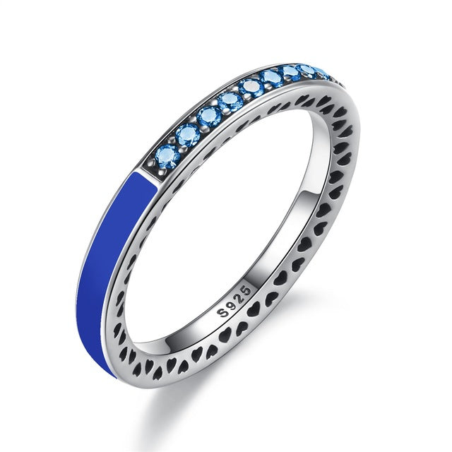 BAMOER 925 Sterling Engagement Silver Radiant Hearts Ring Air Blue Enamel & Sky Blue Synthetic Spinel Women Ring Jewelry PA7620