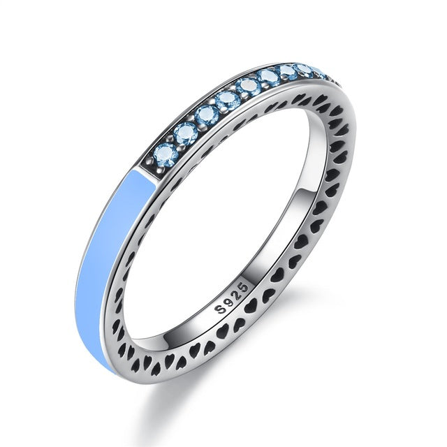 BAMOER 925 Sterling Engagement Silver Radiant Hearts Ring Air Blue Enamel & Sky Blue Synthetic Spinel Women Ring Jewelry PA7620