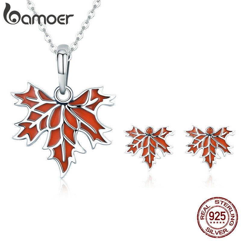 BAMOER Authentic 100% 925 Sterling Silver Autumn Maple Tree Leaves Necklace Earrings Jewelry Set Sterling Silver Jewelry Gift