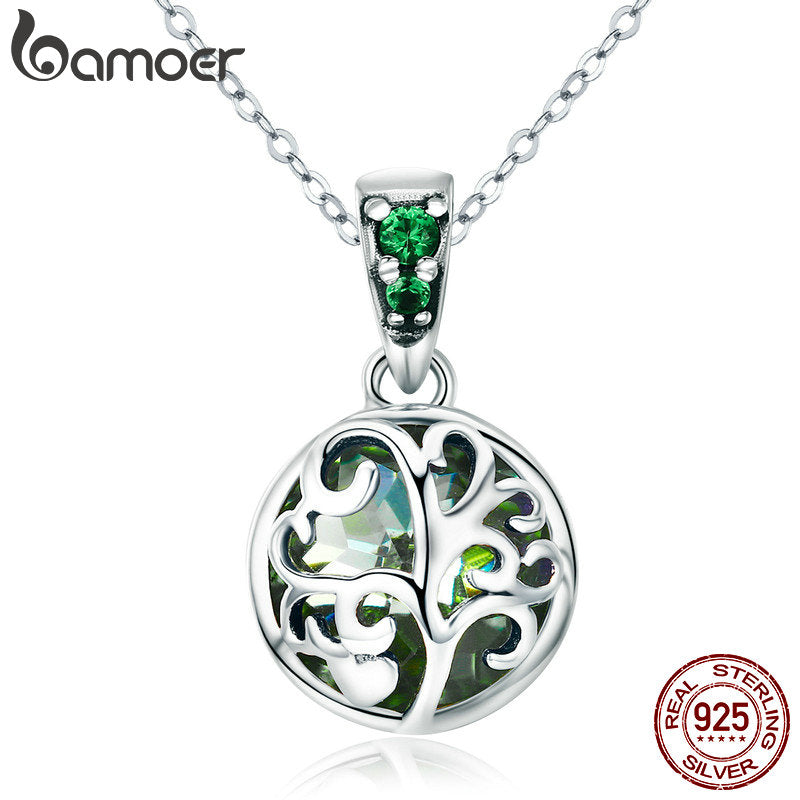 BAMOER 100% 925 Sterling Silver Green Crystal Tree of Life Tree Leaves Pendant Necklace for Women Silver Necklace Jewelry SCN197