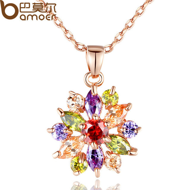 BAMOER Hot Sell Gold Color Flower Necklaces Pendants with High Quality Cubic Zircon For Women Birthday Gift JIN024