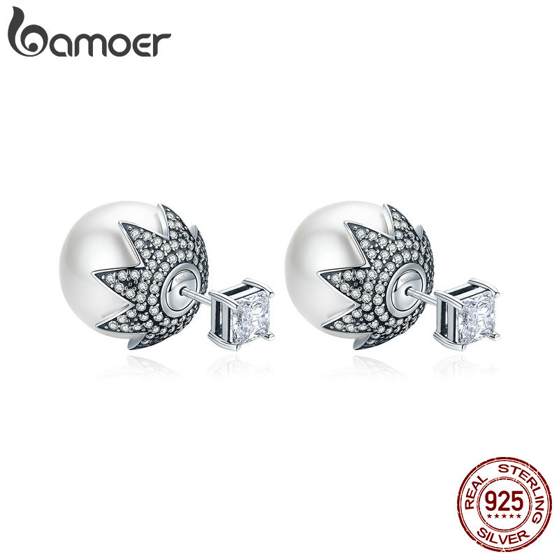 BAMOER Genuine 925 Sterling Silver Elegant Double Side Ball Exquisite Stud Earrings for Women Sterling Silver Jewelry SCE234