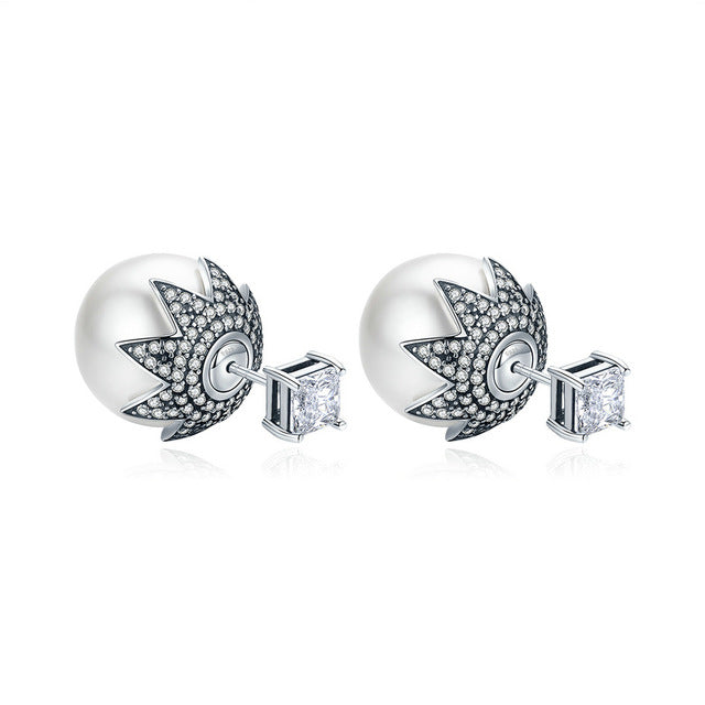 BAMOER Genuine 925 Sterling Silver Elegant Double Side Ball Exquisite Stud Earrings for Women Sterling Silver Jewelry SCE234