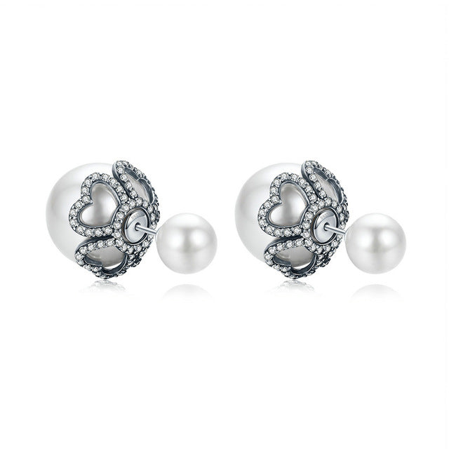 BAMOER Genuine 925 Sterling Silver Elegant Double Side Ball Exquisite Stud Earrings for Women Sterling Silver Jewelry SCE234