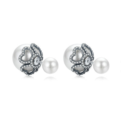 BAMOER Genuine 925 Sterling Silver Elegant Double Side Ball Exquisite Stud Earrings for Women Sterling Silver Jewelry SCE234