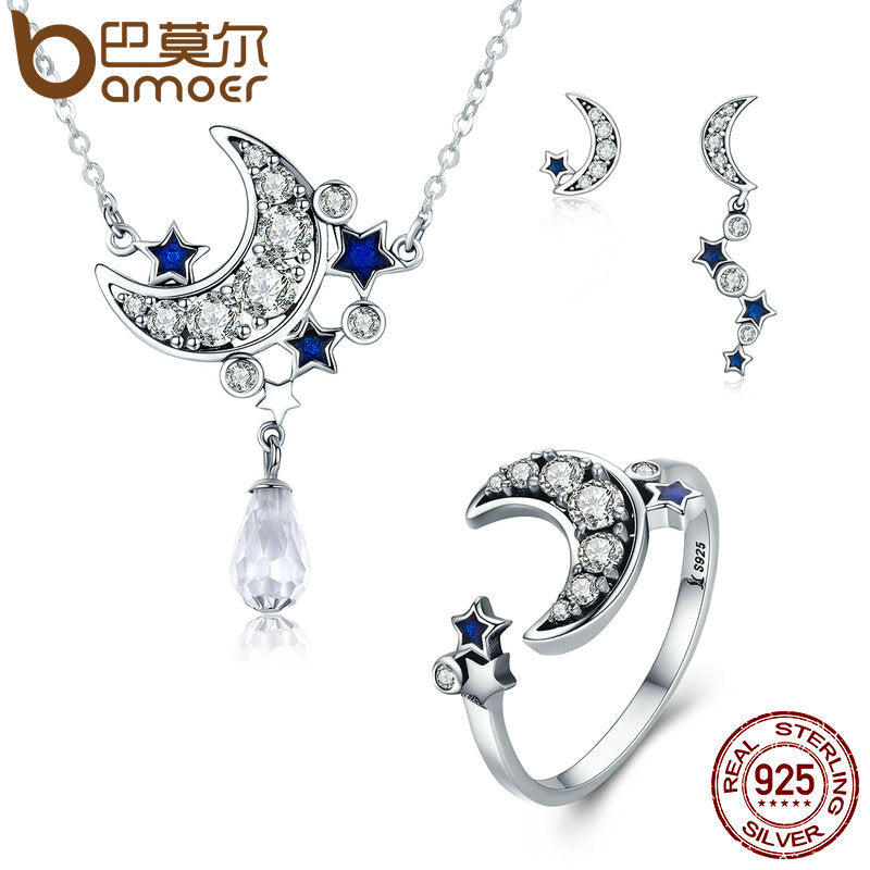 BAMOER Genuine 925 Sterling Silver Jewelry Set Moon & Star Dazzling CZ Bridal Jewelry Sets Sterling Silver Jewelry ZHS040