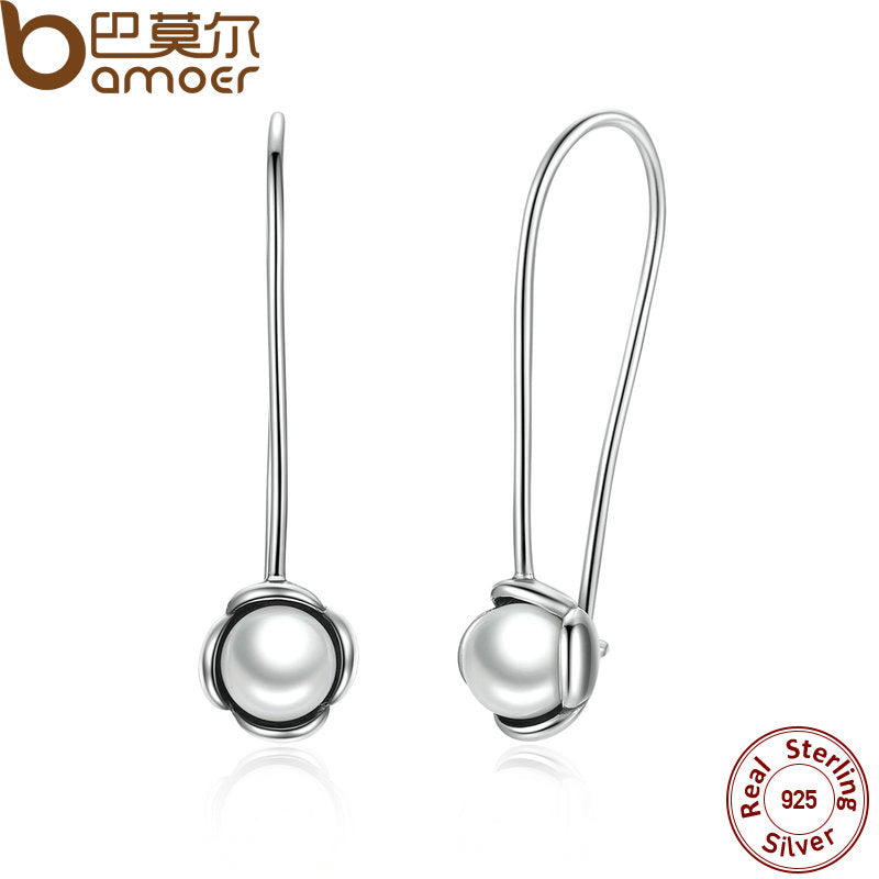 BAMOER New arrival Summer Collection 925 Sterling Silver with Pearl for Women High Quality Drop Earrings Jewelry PAS469