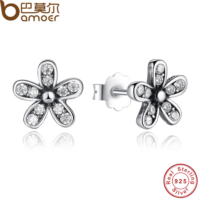 BAMOER Authentic 925 Sterling Silver Dazzling Daisy Stud Earrings With Clear CZ Jewelry ANNIVERSARY SALE 2018 PAS403