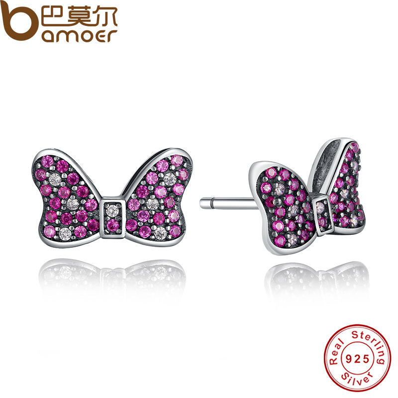 BAMOER Presents 925 Sterling Silver Red White Crystals Cartoon's Sparkling Bow Knot Jewelry Special Store PAS413