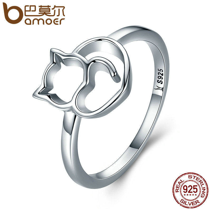 BAMOER Authentic 100% 925 Sterling Silver Naughty Little Cat & Heart Finger Ring for Women Sterling Silver Jewelry Gift SCR104