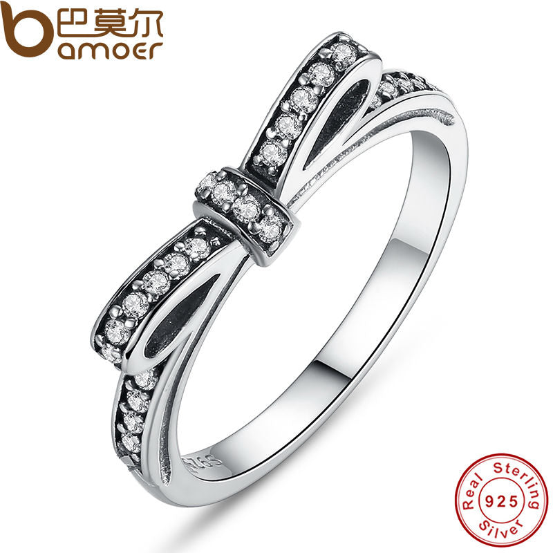 BAMOER 925 Sterling Silver Sparkling Bow Knot Stackable Ring Micro Pave CZ for Women Valentine's Day Gift Jewelry PA7104