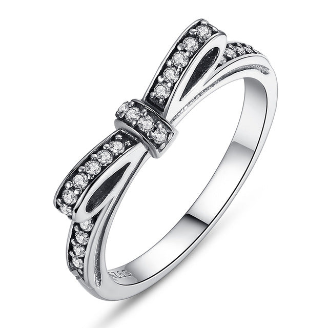 BAMOER 925 Sterling Silver Sparkling Bow Knot Stackable Ring Micro Pave CZ for Women Valentine's Day Gift Jewelry PA7104